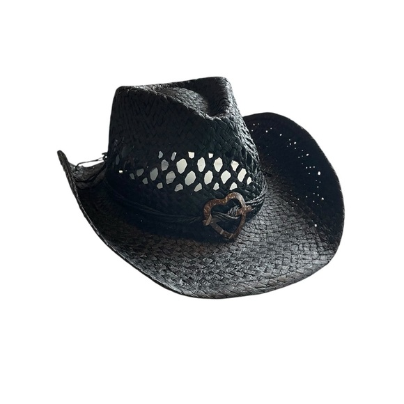 PrettyLittleThing Black Weave Heart Detail Cowboy Hat NWT One Size - Picture 5 of 10